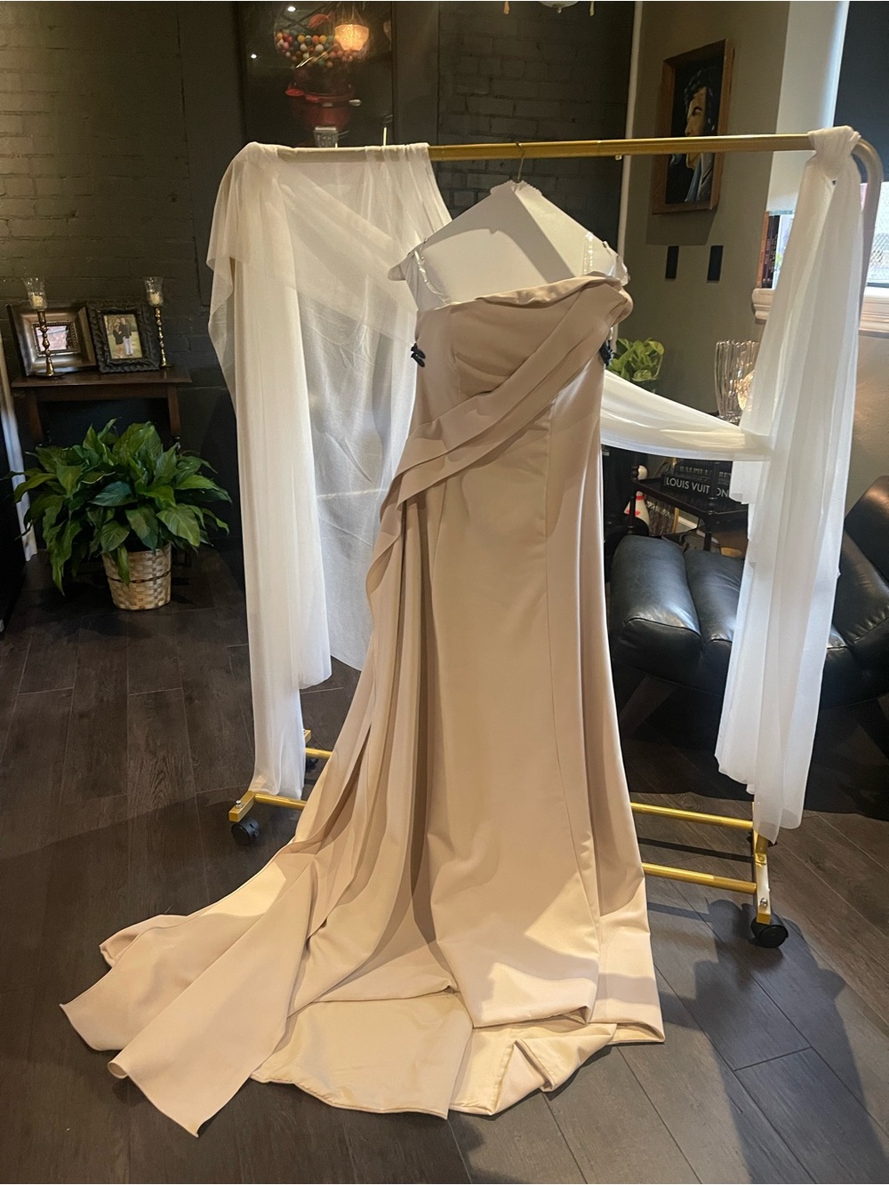 Strapless Draped Evening Gown in Champagne